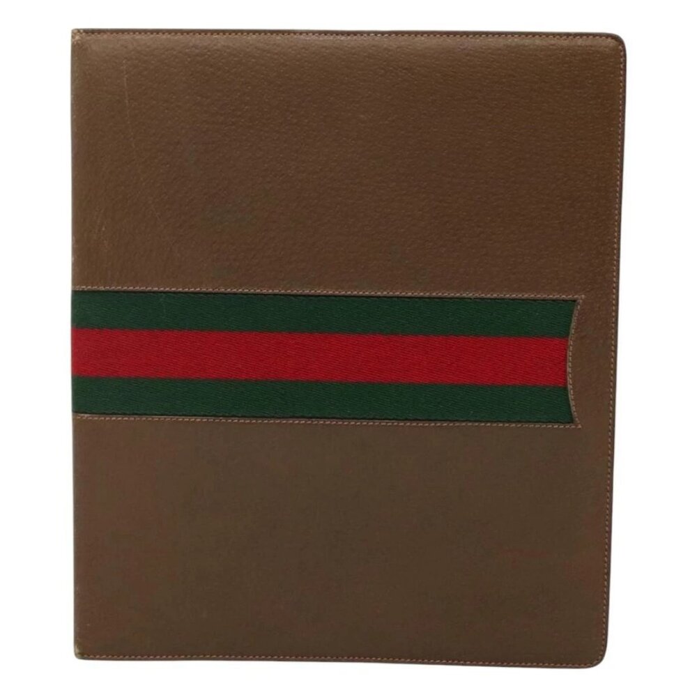 GUCCI Web Sherry Line Day Planner Cover Leather Red Brown Green Auth